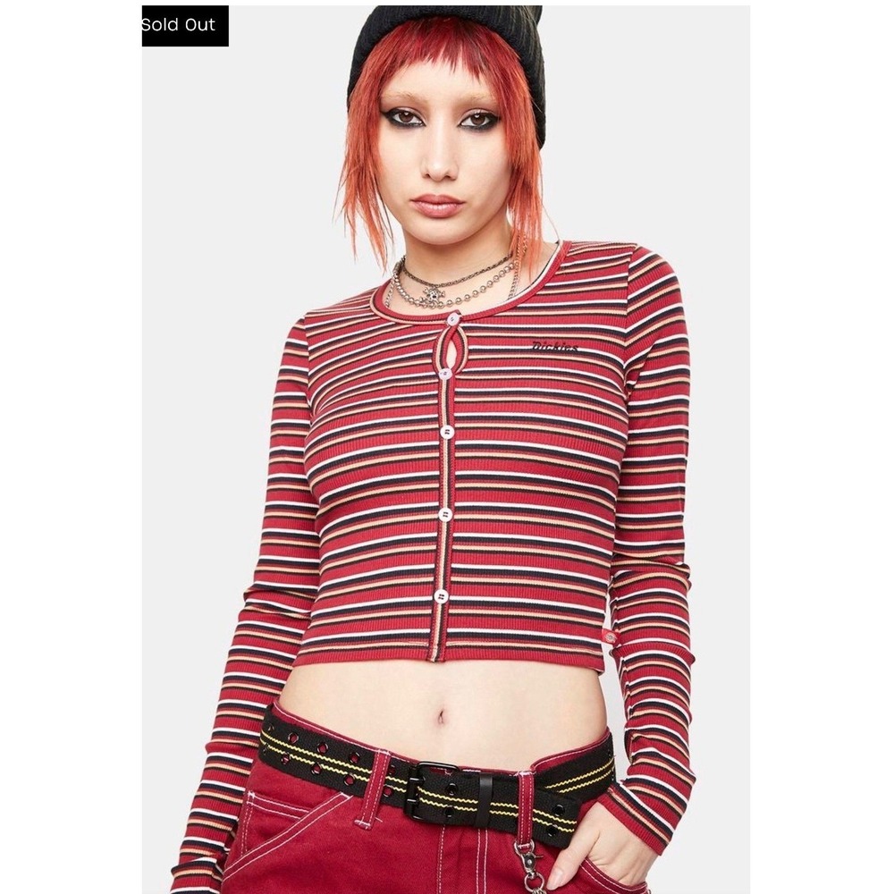 Dickies Henley Top Women XS Red Striped Ribbed Long Sleeve Button Front Logo